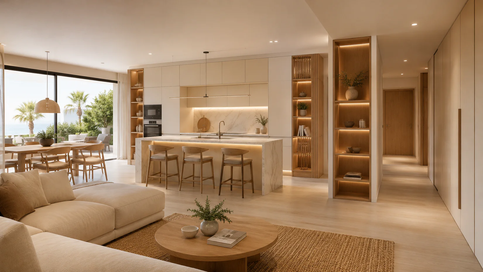 Cocina, carpintería y pavimento tratados como una composición interior continua