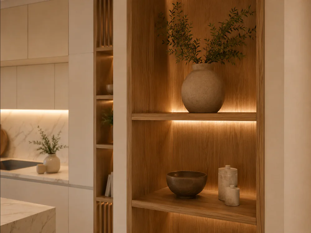 Detalle de luz cálida integrada en carpintería de madera y superficie de piedra