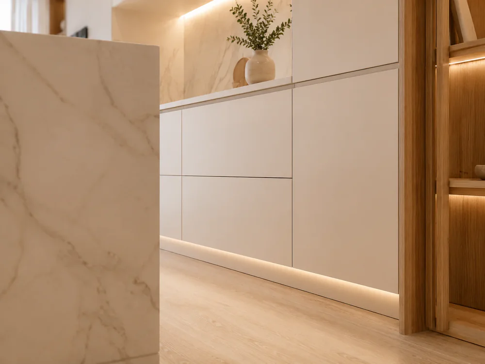 Detalle de montaje limpio con frentes lacados, madera, piedra y pavimento cálido
