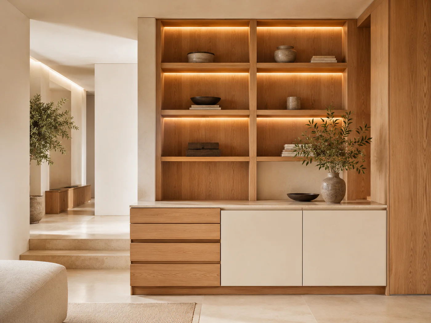 Carpintería interior a medida con roble natural e iluminación integrada