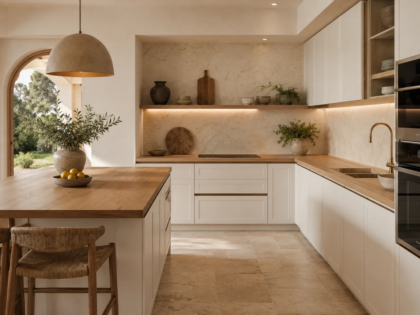 Cocina a medida con mobiliario blanco, encimera de madera y luz cálida