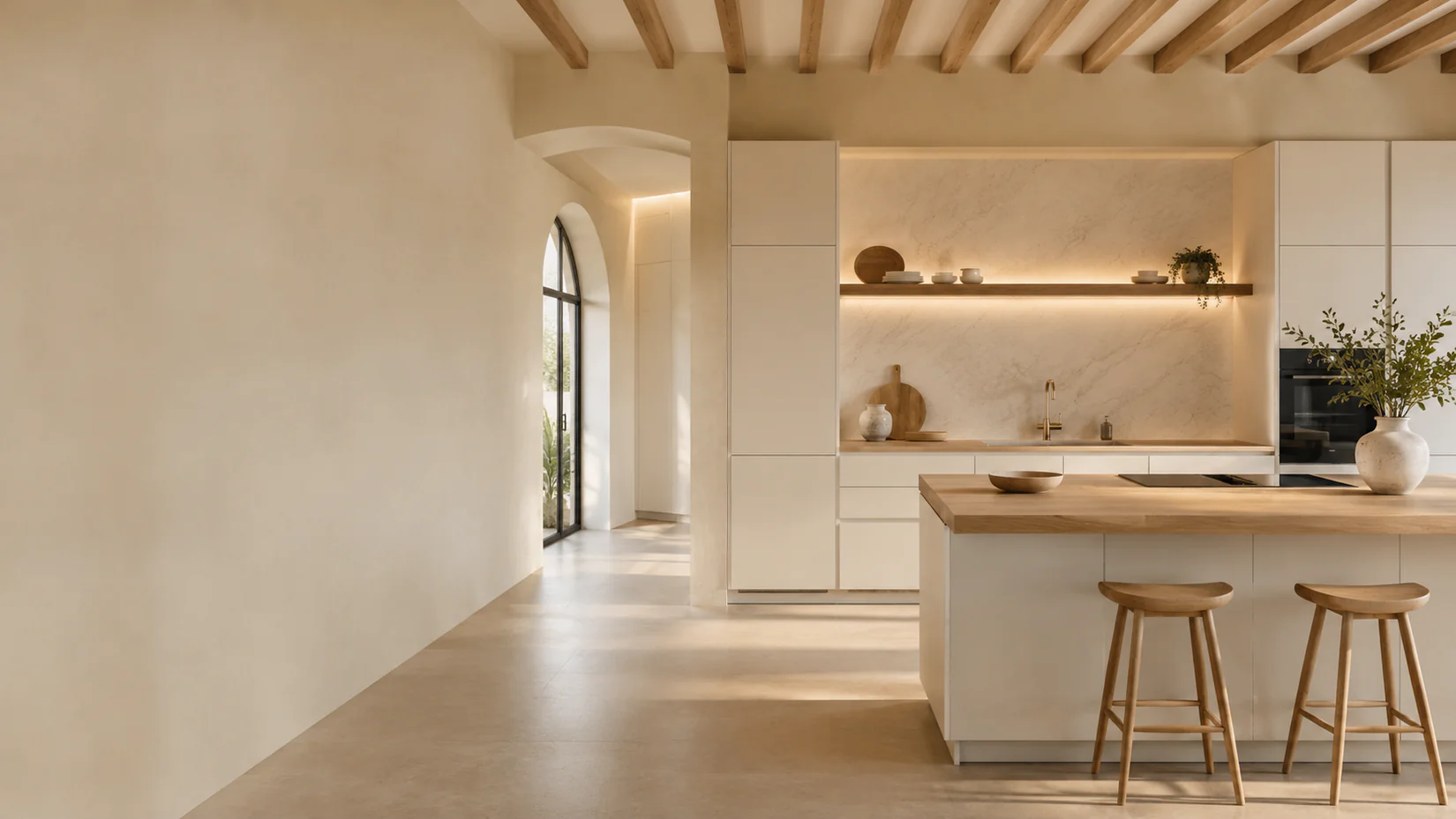 Cocina a medida en Cambrils con frentes blancos, encimera de madera y pavimento cálido