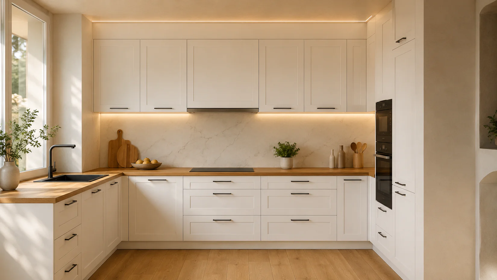 Cocina a medida en Cambrils con mobiliario blanco, encimera de madera y luz mediterránea