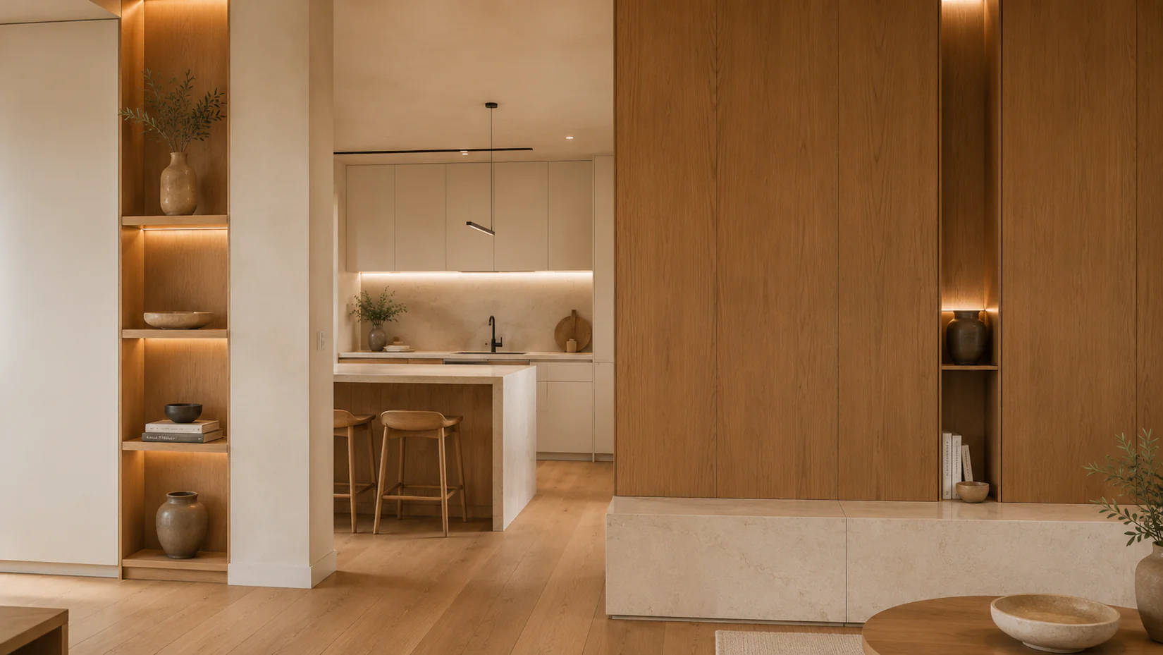 Encuentro entre materiales interiores en Vila-seca con madera, lacado y piedra